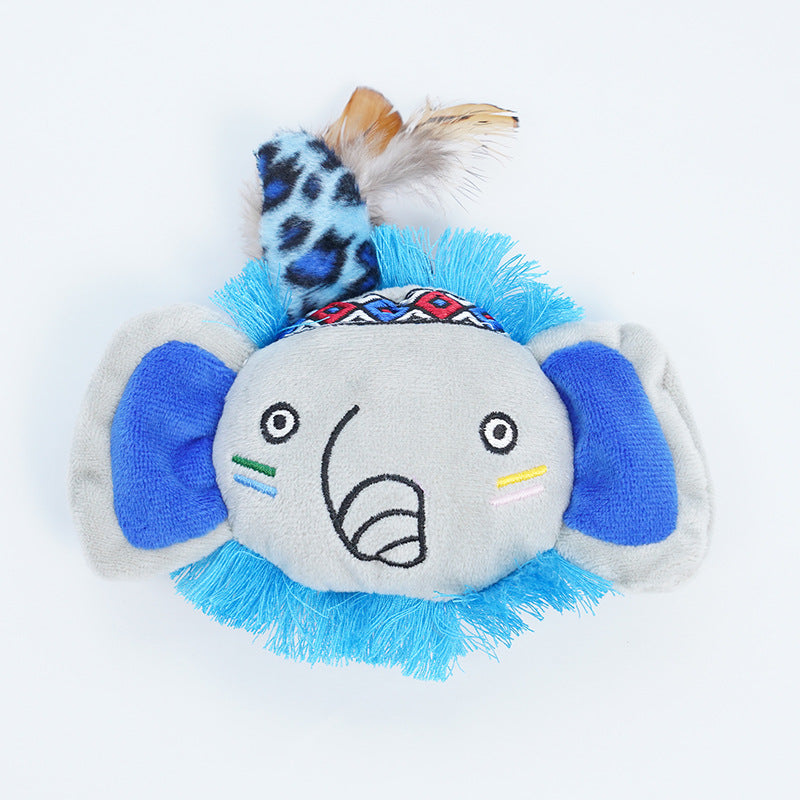 Side view of Moo Boho Feather Face Plush Cat Toss Toy highlighting feather face design