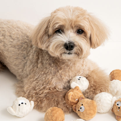 Close-up of Petkin puppy shaped squeaky dog toy showing detailed puppy face and bright colors