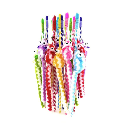 Close-up of the colorful feather attachment on the Moo cat teaser wand