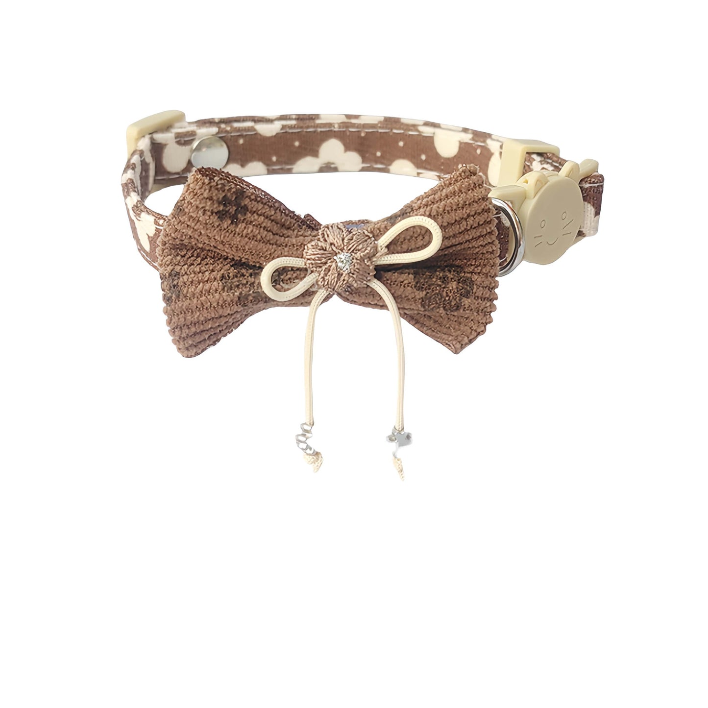 Mokka bow cat collar with floral charm packaged in branded box
