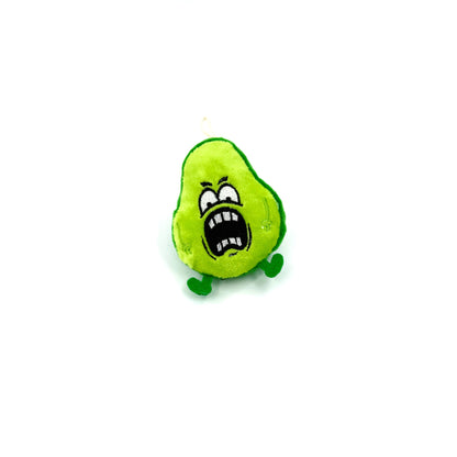 Moo cartoon vegetable-shaped cat toy photographed from top view on white