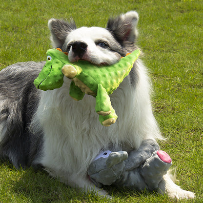 Petkin plush squeaky crocodile dog toy lying flat showing full body