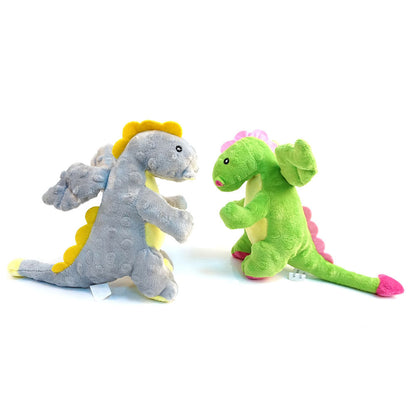 Petkin Dinosaur Dog Toy in green with orange spikes on a white background