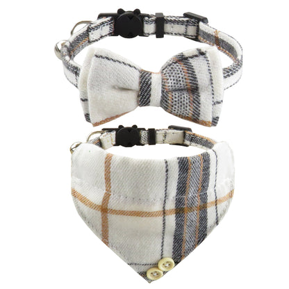 Mokka plaid cat collar with a bow tie style displayed on a white background