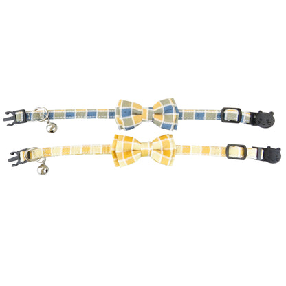 Mokka adjustable gingham bow tie cat collar with bow tie centered and strap extended