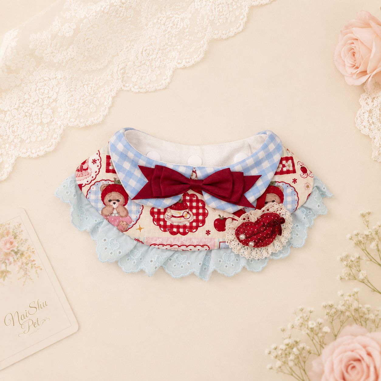 Mokka - Teddy Bear Gingham Bow Bib Pet Neckwear