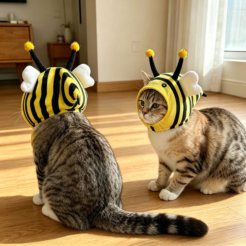 跨境新品宠物蜜蜂头套猫咪可爱毛绒帽子搞怪变装头饰小猫拍照饰品