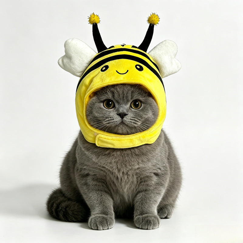跨境新品宠物蜜蜂头套猫咪可爱毛绒帽子搞怪变装头饰小猫拍照饰品