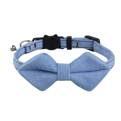 Mokka denim bow tie cat collar laid flat highlighting bow tie design