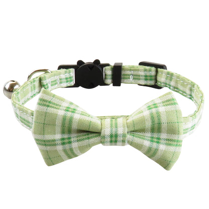 Mokka pastel checkered bow tie cat collar shown coiled in circular shape