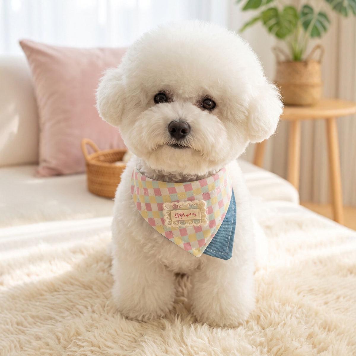 韩系格纹宠物三角巾狗狗口水巾可爱蝴蝶结装饰小型犬猫咪围脖配饰