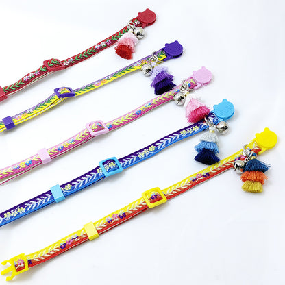 Mokka floral adjustable cat collar with fringed design displayed on white background