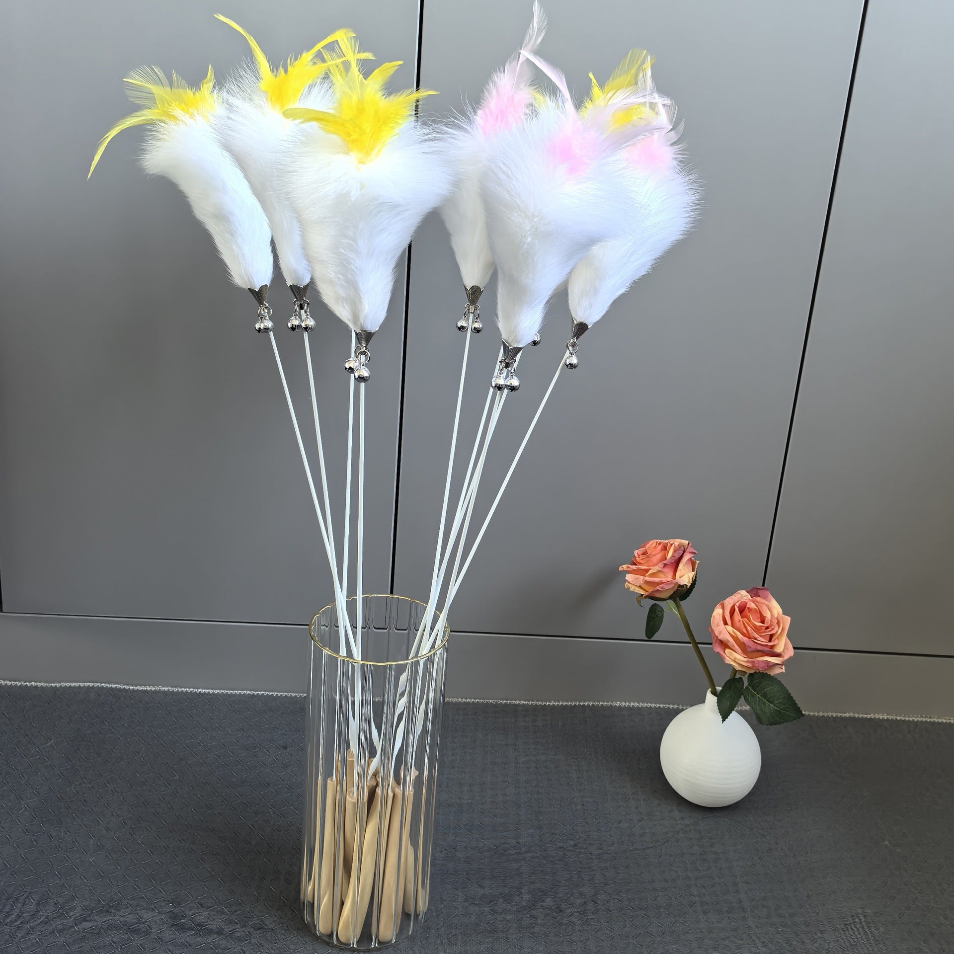 Moo Feather Bouquet interactive wand cat toy with colorful feathers attached to a stick