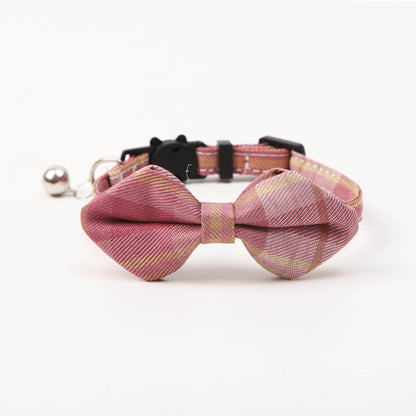 Mokka plaid bow tie cat collar with red and black pattern shown from above