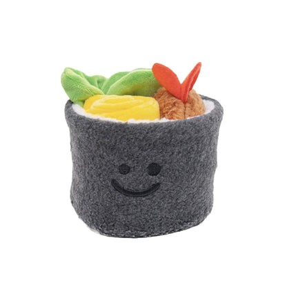 Petkin Sushi Roll Dog Snuffle Toy shaped like a sushi roll with colorful fabric details