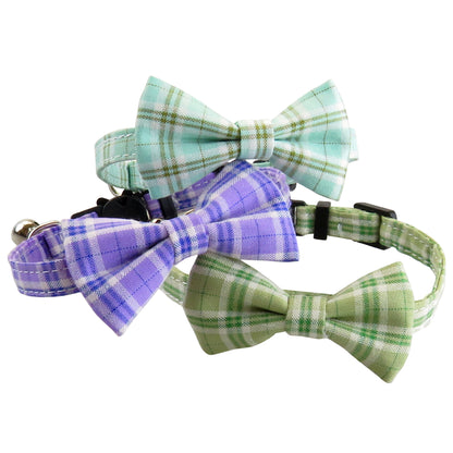 Mokka adjustable cat collar featuring pastel checkered bow tie on white background