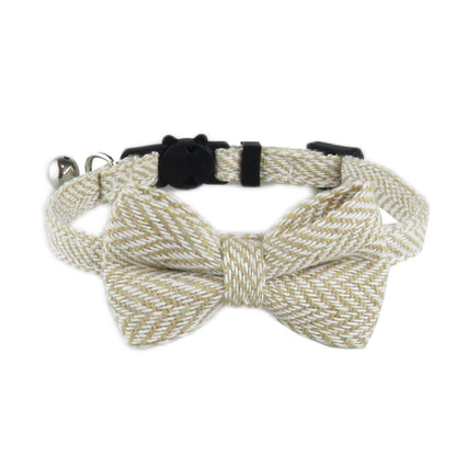 Mokka herringbone bow tie cat collar with bow tie prominently displayed
