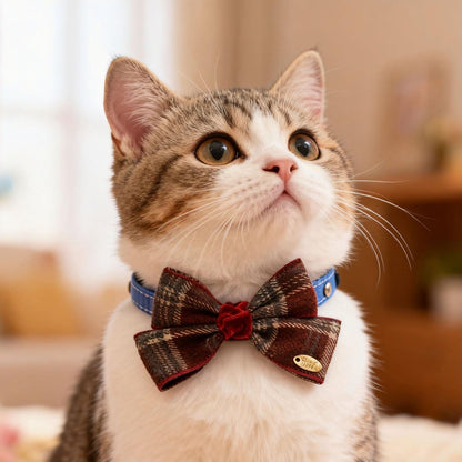 Mokka - Decorative Plaid Pet Collar with Bow Tie