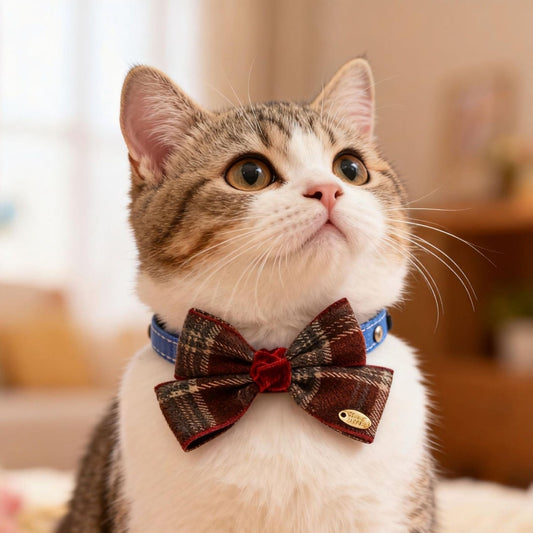 Mokka - Decorative Plaid Pet Collar with Bow Tie