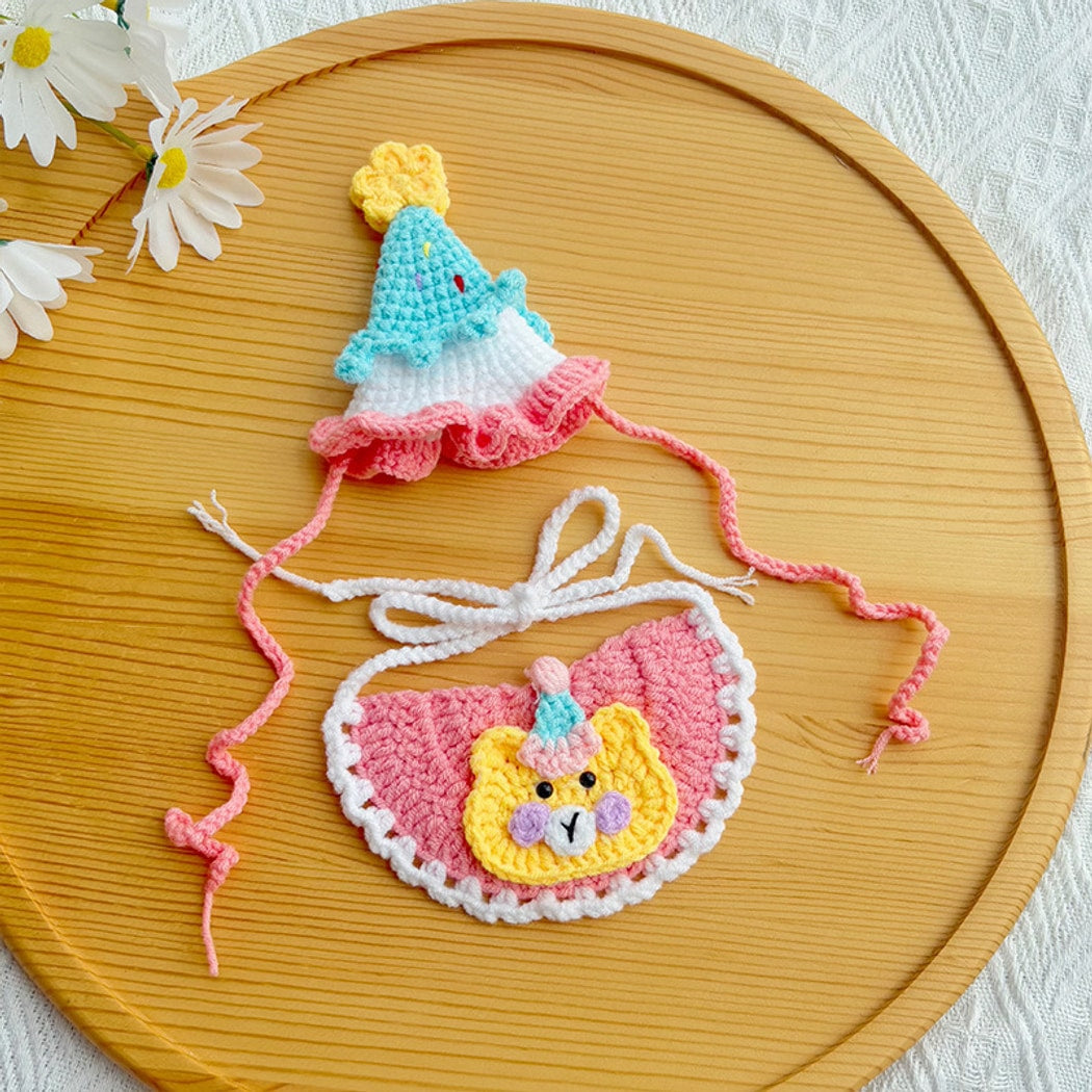 Mokka - Bear Pattern Pet Birthday Bib and Hat Set