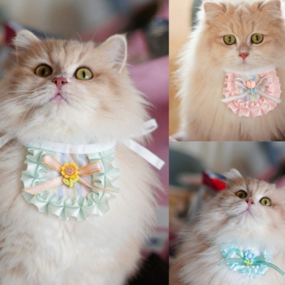 Pastel ribbon cat bib with soft pink and blue stripes on a white background