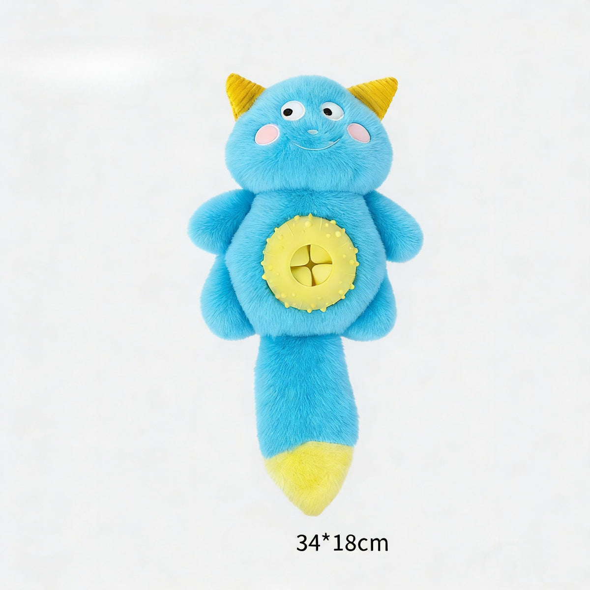 Petkin plush monster dog toy held in hand demonstrating size and texture