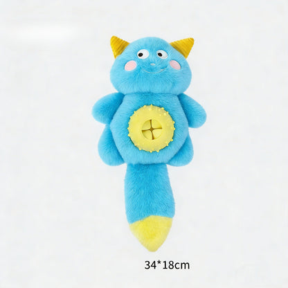 Petkin plush monster dog toy held in hand demonstrating size and texture
