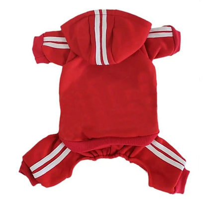 Side view of Ozzie hooded dog jumpsuit showing black fabric with white sport stripes