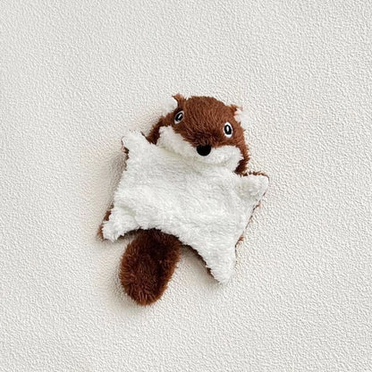 Plush squirrel kicker cat toy with visible seams and fluffy tail close-up