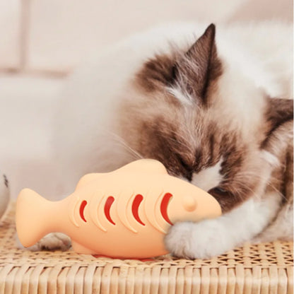 Moo dual-sided leaky cat food toy with fish design on white background