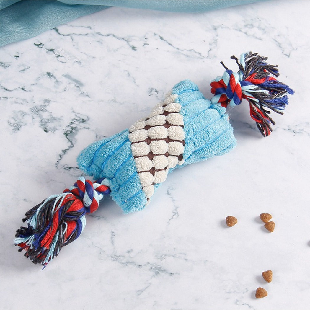 Side view of Petkin Rope Candy Plush Dog Toy with twisted red and white rope