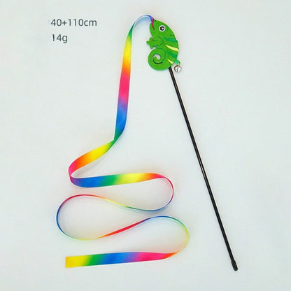 Colorful ribbon wand cat toy displayed on a white background