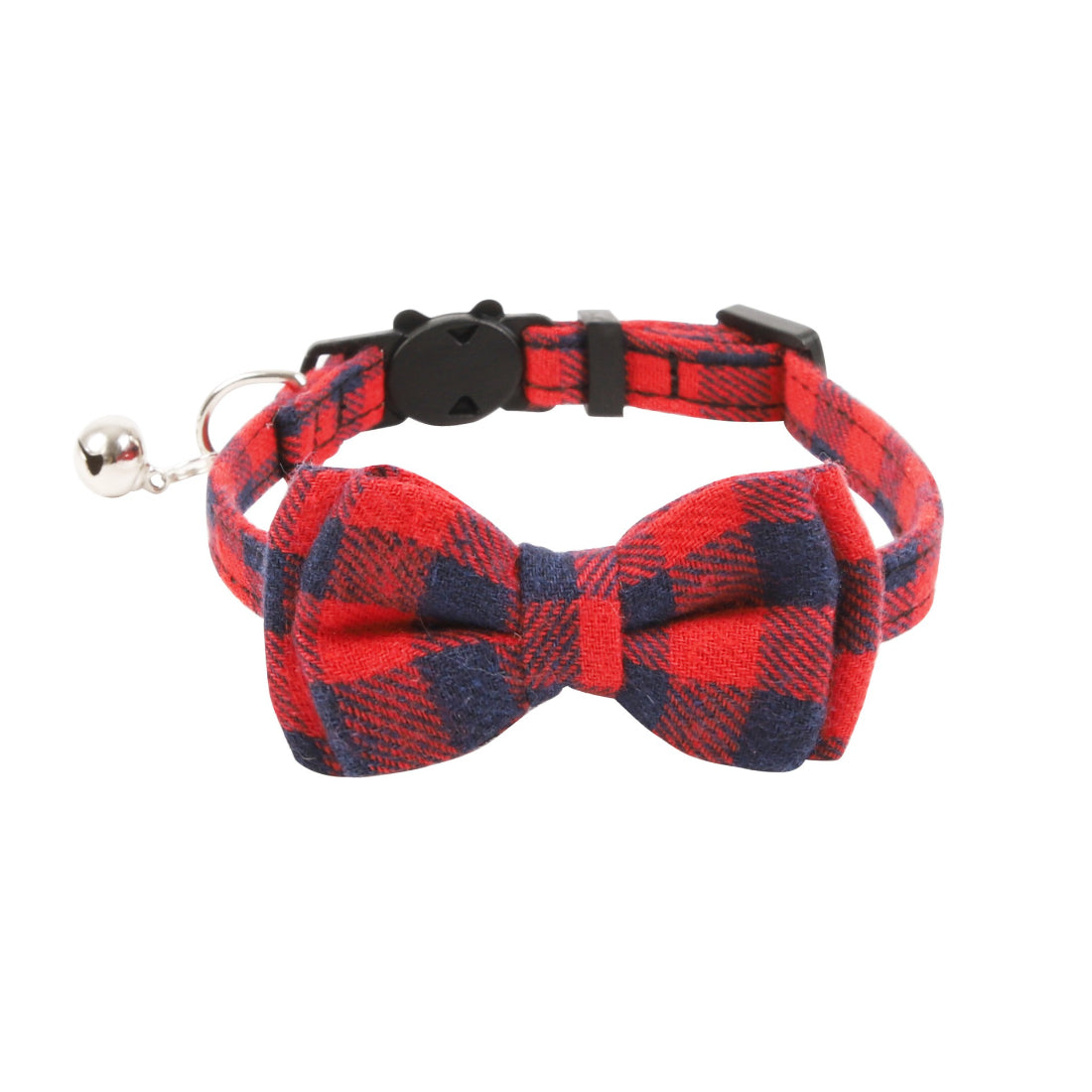 Mokka plaid bow tie cat collar with bell laid flat highlighting bow tie design
