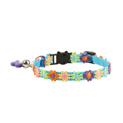 Mokka cat collar featuring vibrant rainbow daisy pattern on fabric strap