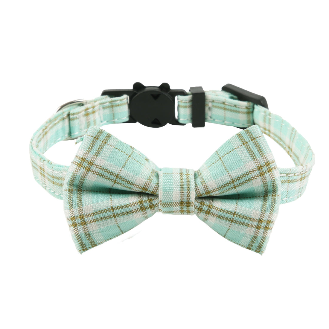 Close-up of Mokka plaid bow cat collar showing detailed fabric pattern