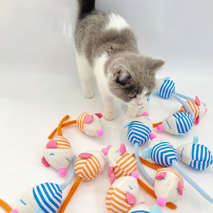 Striped mouse cat toy positioned upright highlighting its shape and stripes