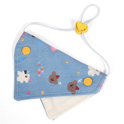Side view of Mokka cat bandana collar featuring colorful cartoon cat illustrations