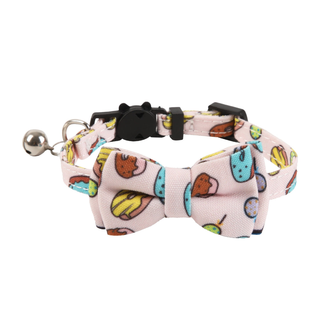 Mokka cat collar laid flat showing full food print design and bell detail