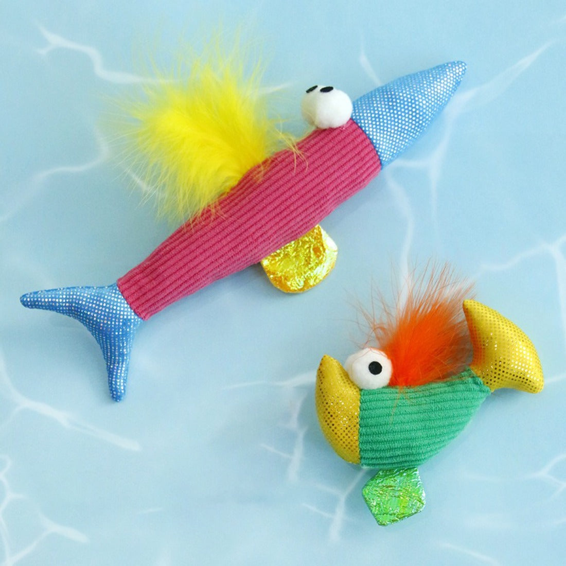 Moo colorful feather fish cat toy with vibrant feathers and fish shape on white background