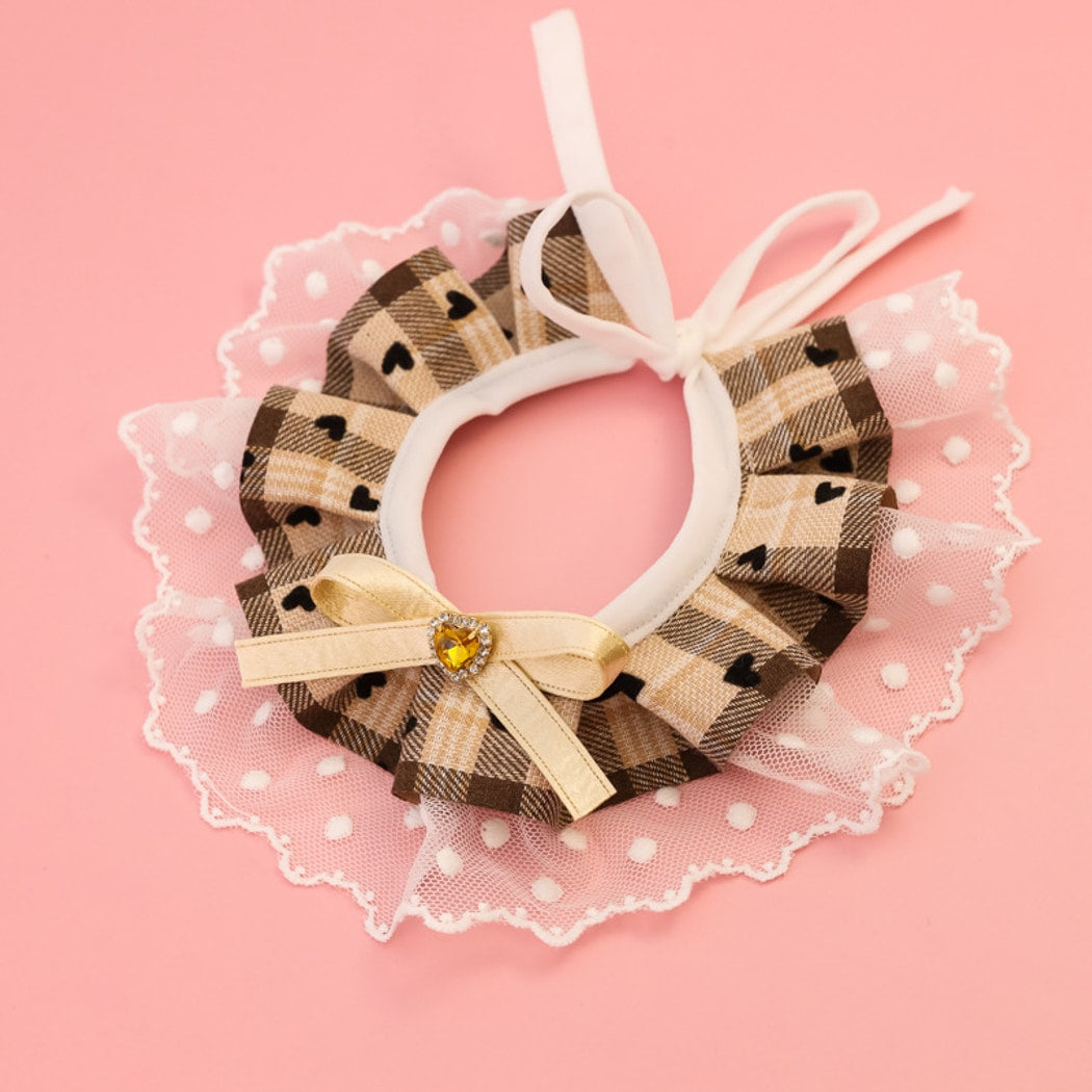 Mokka - Plaid Lace Ruffle Heart Accent Cat Collar