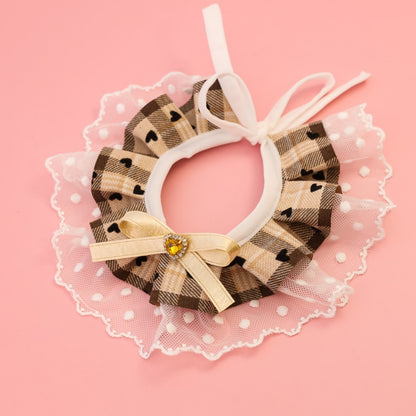 Mokka - Plaid Lace Ruffle Heart Accent Cat Collar