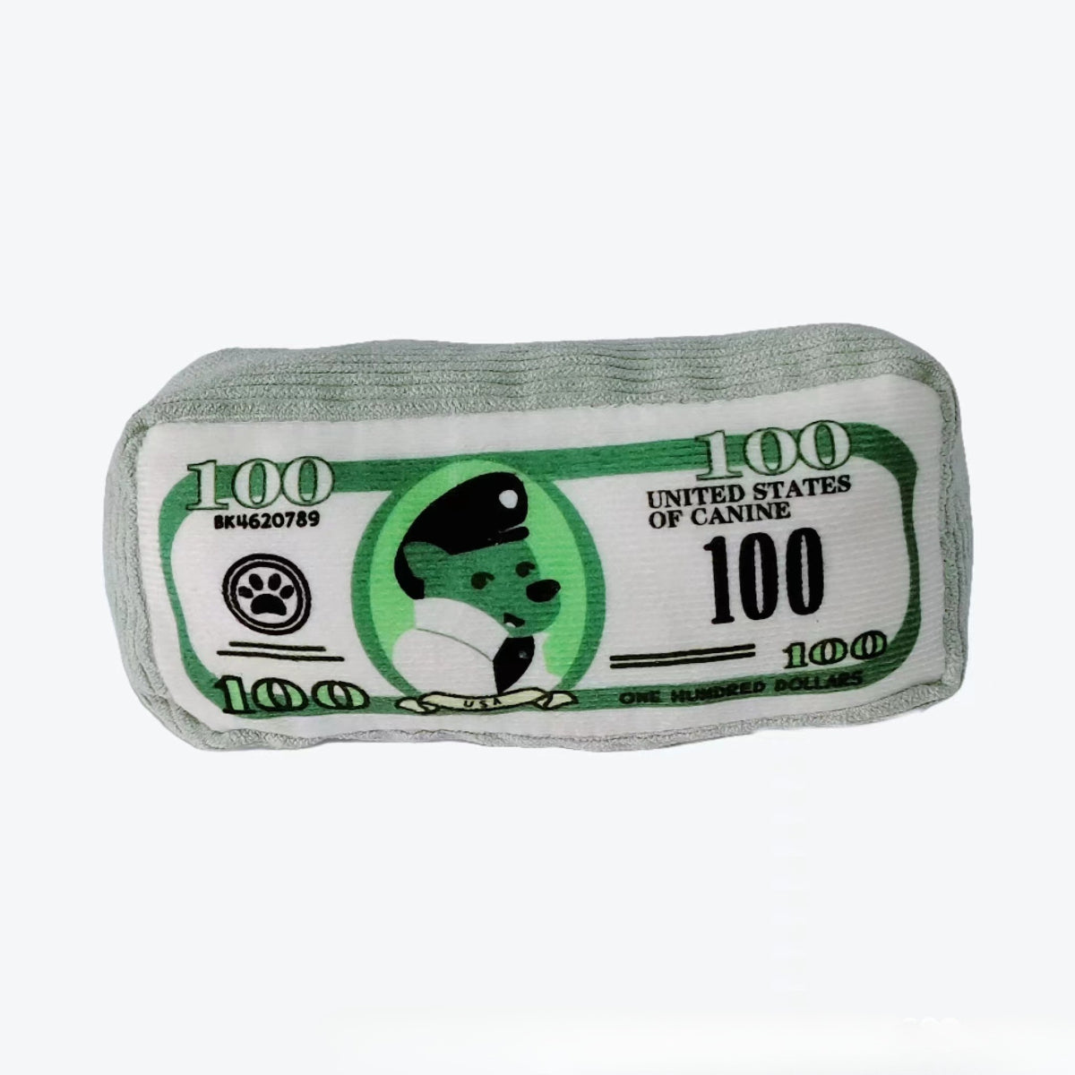 Side view of Petkin plush money stack dog toy highlighting its rectangular shape