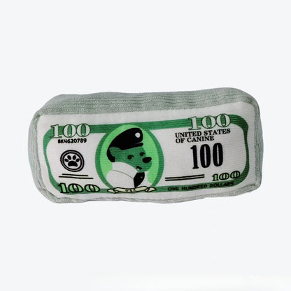 Side view of Petkin plush money stack dog toy highlighting its rectangular shape