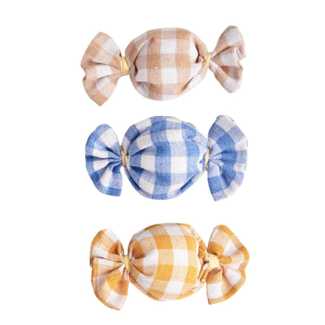 Moo gingham fabric cat toy shaped like a candy with pink and white checkered pattern