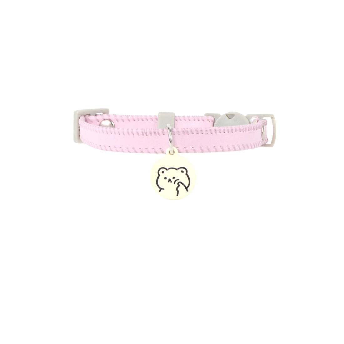 Side view of Mokka breakaway cat collar featuring detailed cartoon cat charm and buckle