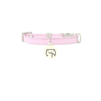 Side view of Mokka breakaway cat collar featuring detailed cartoon cat charm and buckle