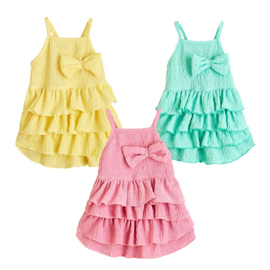 Close-up of Ozzie summer ruffle dog dress with bow showing fabric texture and bow detail