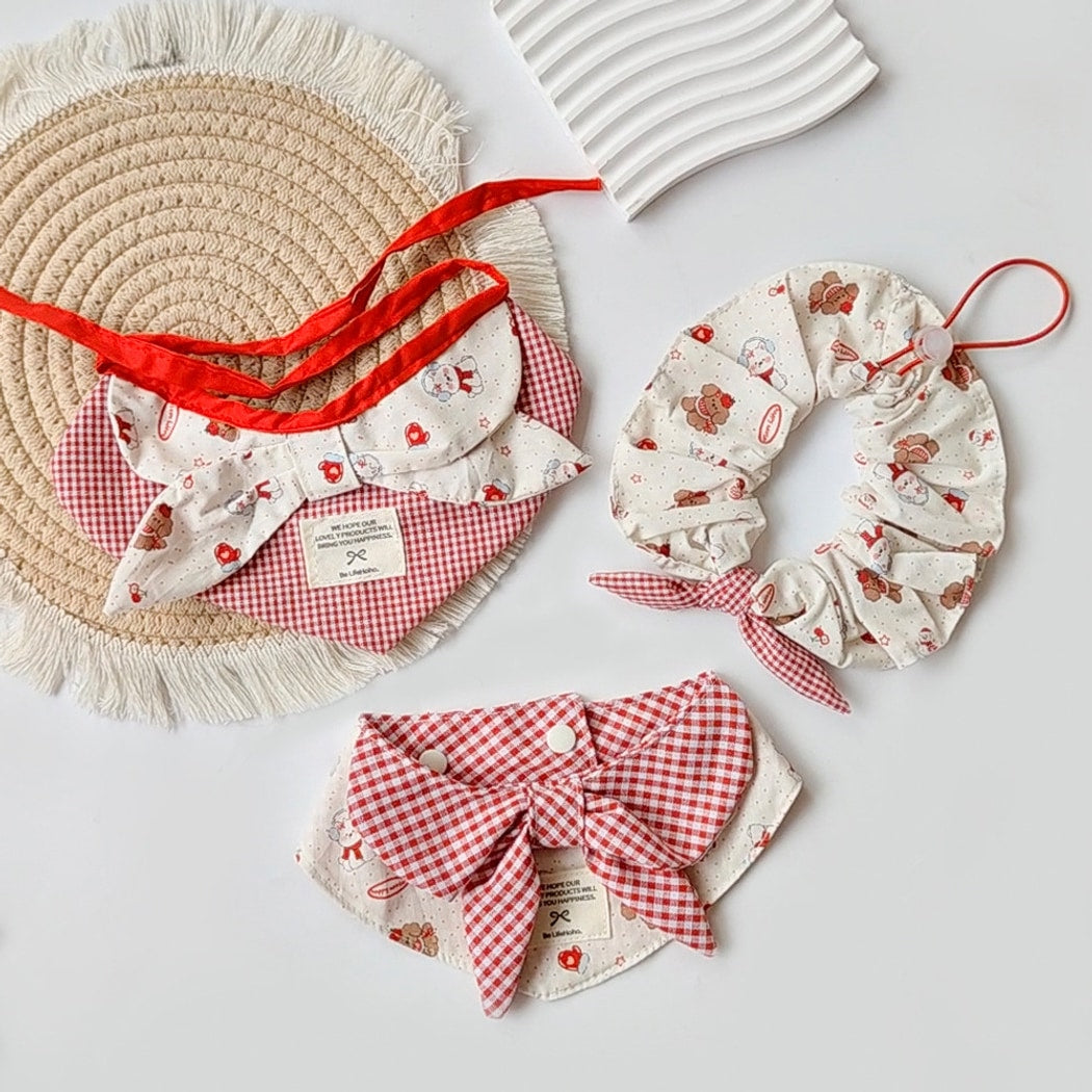 Mokka - Plaid Cartoon Pet Bandana Collar and Bib