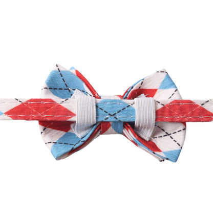Side view of Mokka Argyle bow tie cat collar with adjustable strap