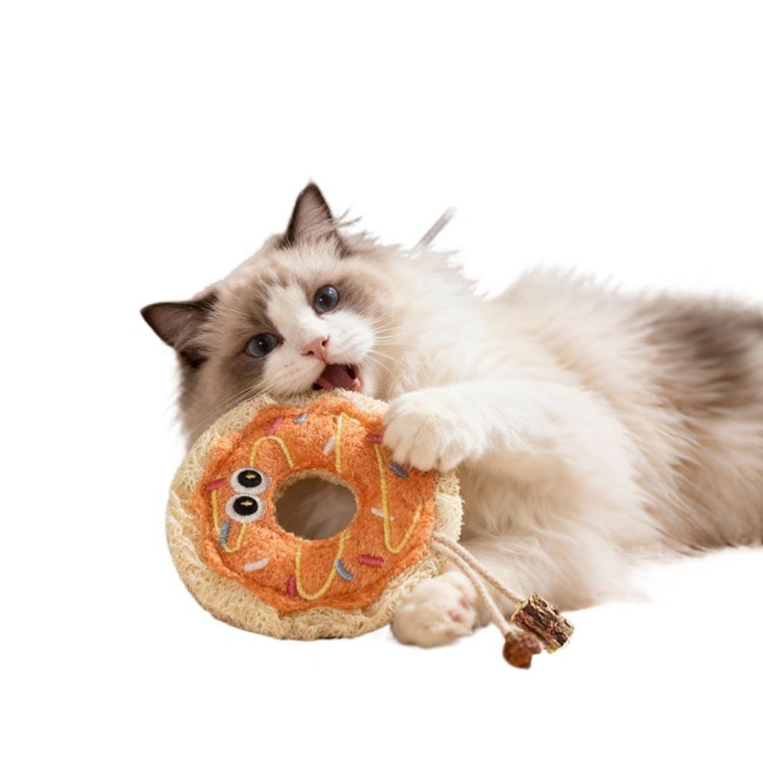 Close-up of Moo Pizza and Donut Loofah Cat Toy showing pizza slice design